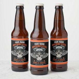 Personalised Biker Flying Skull Motorcycle Shop  Beer Bottle Label