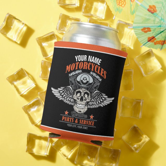 Personalised Biker Flying Skull Motorcycle Shop Can Cooler (In Situ Summer)