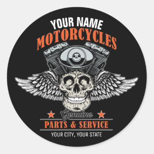 Personalised Biker Flying Skull Motorcycle Shop  Classic Round Sticker
