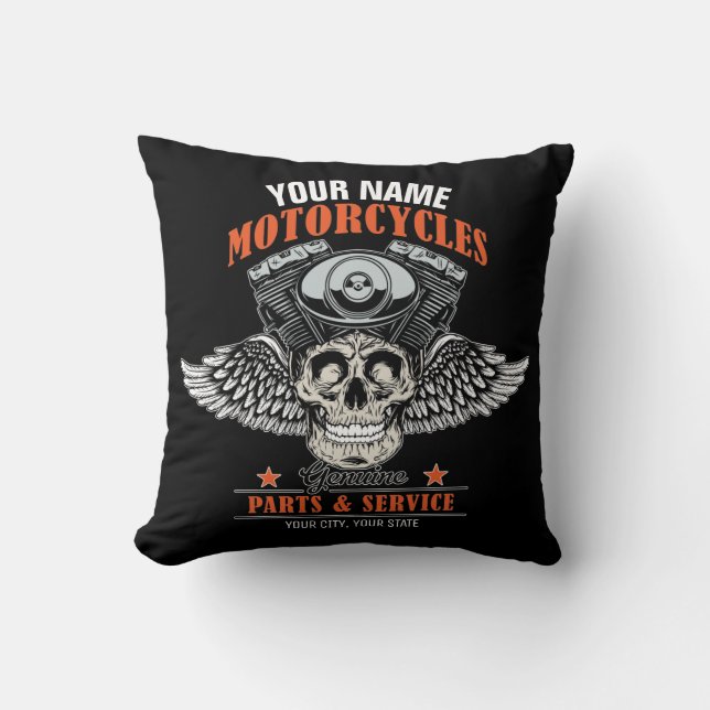 Personalised Biker Flying Skull Motorcycle Shop Cushion (Front)