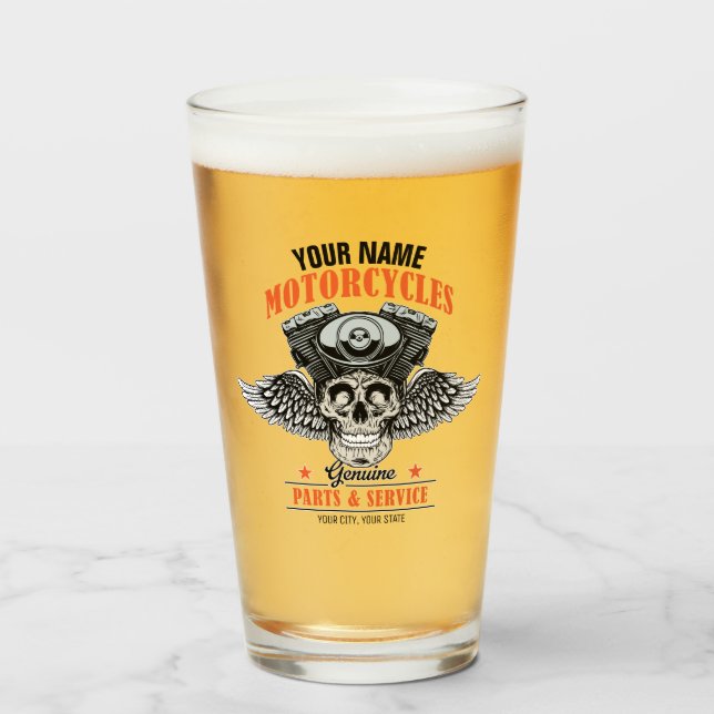 Personalised Biker Flying Skull Motorcycle Shop  Glass (Front Filled)