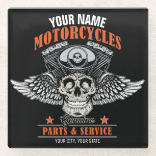 Personalised Biker Flying Skull Motorcycle Shop  Glass Coaster