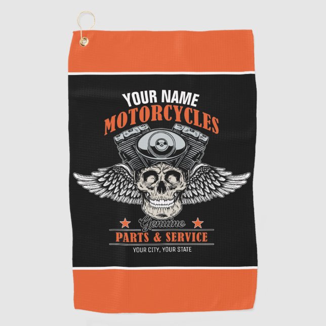 Personalised Biker Flying Skull Motorcycle Shop  Golf Towel (Front)