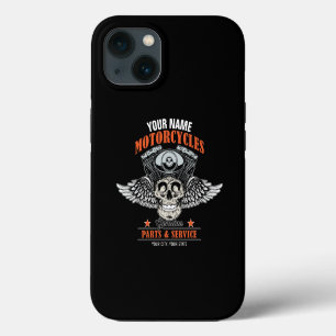 Personalised Biker Flying Skull Motorcycle Shop iPhone 13 Case