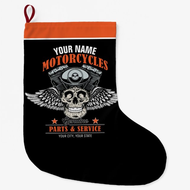 Personalised Biker Flying Skull Motorcycle Shop Large Christmas Stocking (Front)
