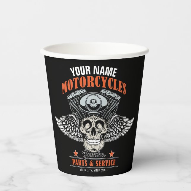 Personalised Biker Flying Skull Motorcycle Shop  Paper Cups (Front)