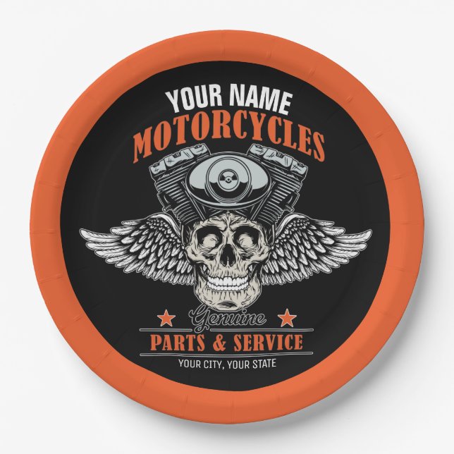 Personalised Biker Flying Skull Motorcycle Shop  Paper Plate (Front)