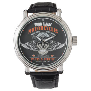 Personalised Biker Flying Skull Motorcycle Shop  Watch