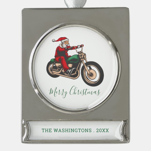 Personalised Biker in Santa Costume Christmas Silver Plated Banner Ornament (Front)
