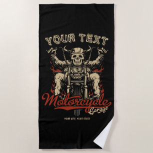 Personalised Biker Skeleton Motorcycle Shop Garage Beach Towel
