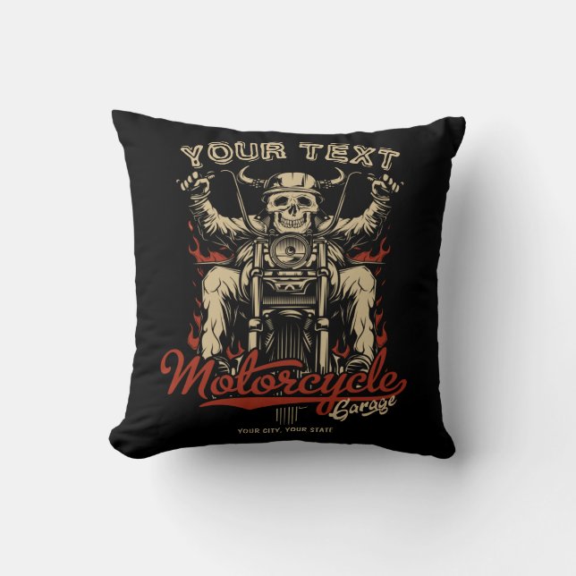 Personalised Biker Skeleton Motorcycle Shop Garage Cushion (Front)