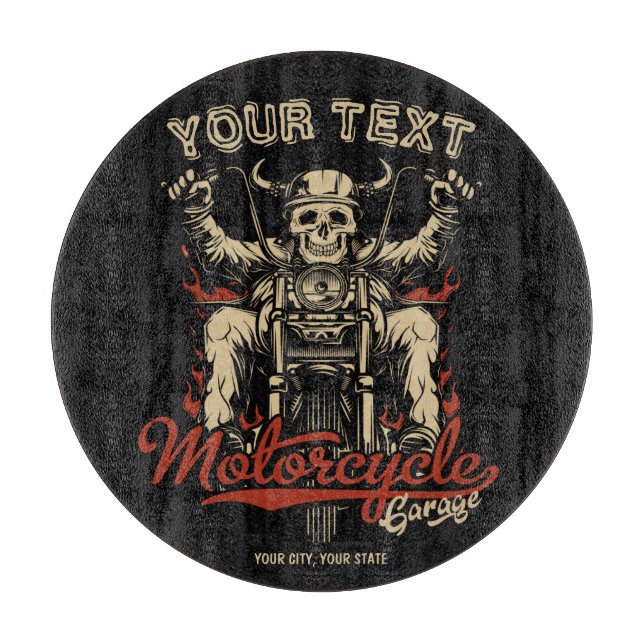 Personalised Biker Skeleton Motorcycle Shop Garage Cutting Board (Front)