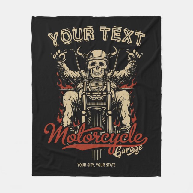 Personalised Biker Skeleton Motorcycle Shop Garage Fleece Blanket (Front)