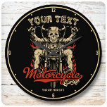 Personalised Biker Skeleton Motorcycle Shop Garage Large Clock<br><div class="desc">Personalised Biker Skeleton Motorcycle Shop Garage design,  featuring badass skeleton biker riding a custom bobber. Customise with your name or custom text.</div>