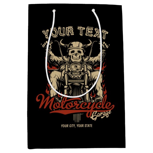 Personalised Biker Skeleton Motorcycle Shop Garage Medium Gift Bag (Front)