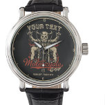 Personalised Biker Skeleton Motorcycle Shop Garage Watch<br><div class="desc">Personalised Biker Skeleton Motorcycle Shop Garage design,  featuring badass skeleton biker riding a custom bobber. Customise with your name or custom text.</div>