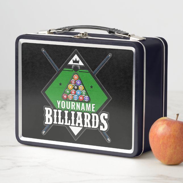 Personalised Billiards NAME Cue Rack Pool Room Metal Lunch Box (In Situ)