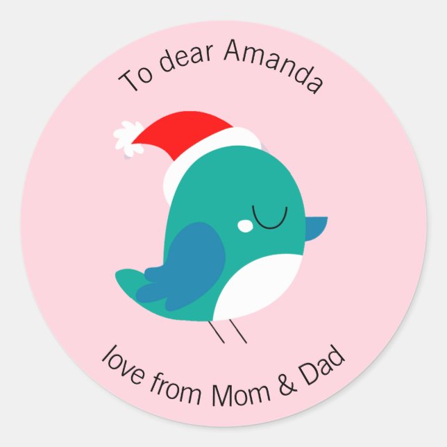 Personalised Bird Pink Holiday Gift Label Sticker (Front)