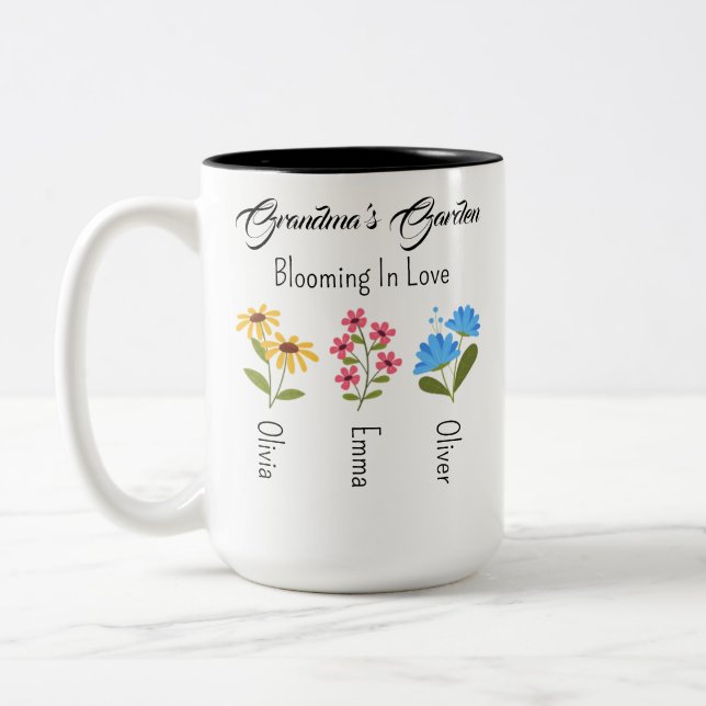 Personalised Birth Flower Gift, Grandma's Garden  Two-Tone Coffee Mug (Left)