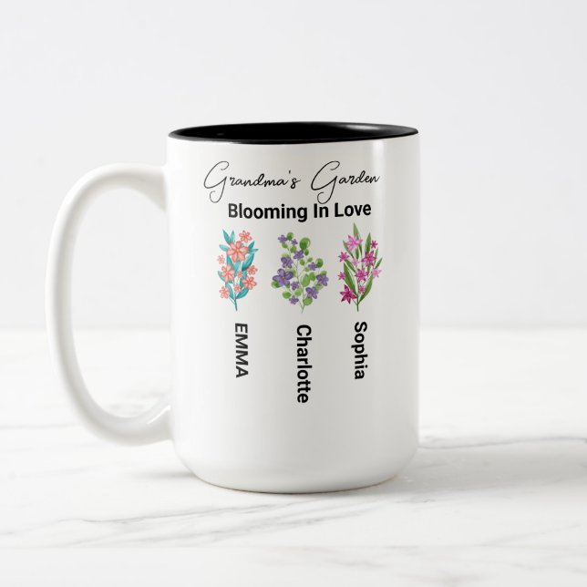 Personalised Birth Flower Gift, Grandma's Garden  Two-Tone Coffee Mug (Left)