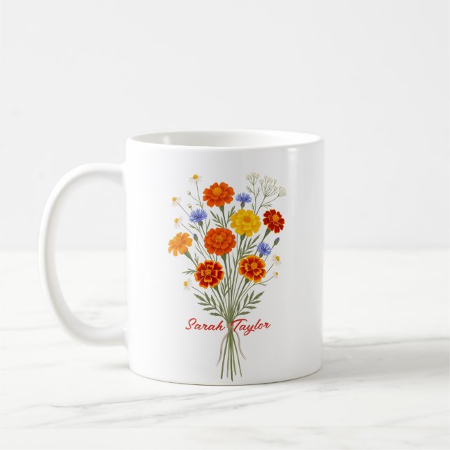 Personalised Birth Flower Marigold Custom Coffee Mug (Left)