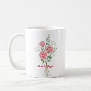 Personalised Birth Flower Pink Rose Custom Coffee Mug