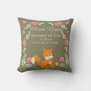 Personalised Birth New Baby Fox And Roses Cushion
