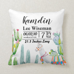 Personalised Birth Pillow Boho Llama Bohemian Cact