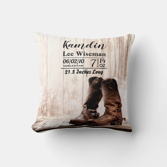 Personalised Birth Pillow boots country rustic wes (Front)