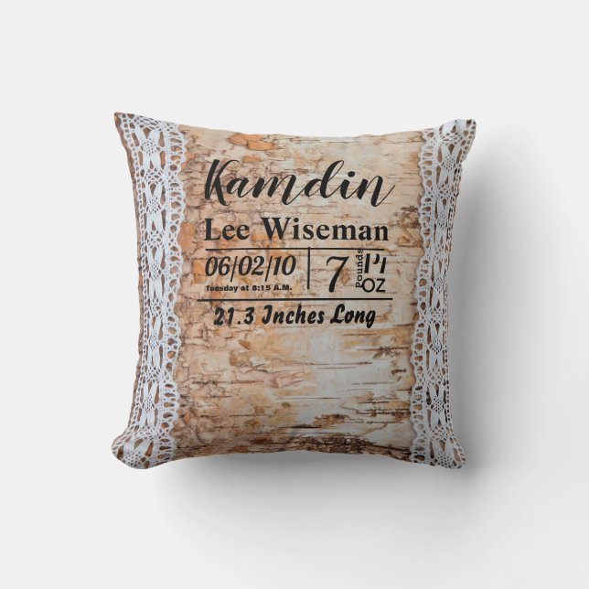Personalised Birth Pillow country barn wood lace t (Front)