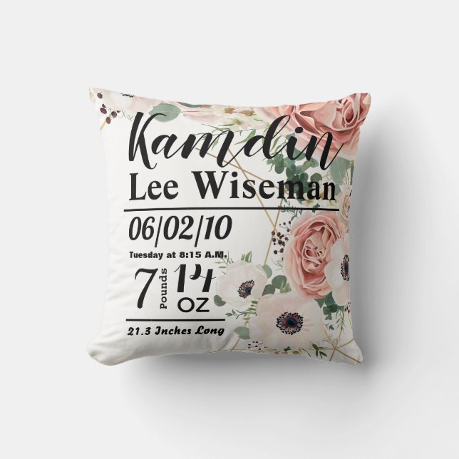 Personalised Birth Pillow Geometric Garden Rose (Front)