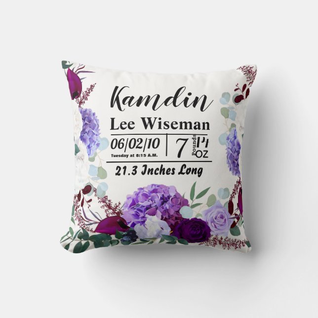 Personalised Birth Pillow Lavender Hibiscus on W (Front)