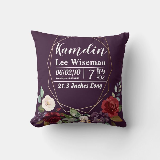Personalised Birth Pillow Plum Purple Roses Gold G (Front)