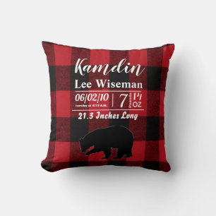 Personalised Birth Pillow Red Buffalo Plaid Bear