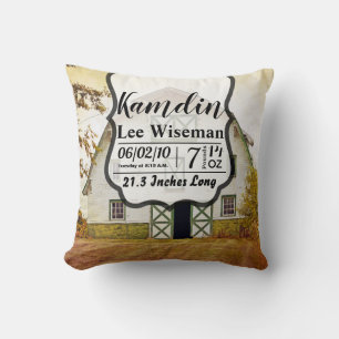 Personalised Birth Pillow Sunset Barn Country Rust