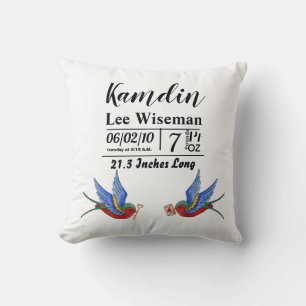 Personalised Birth Pillow Traditional Bird Tattoo
