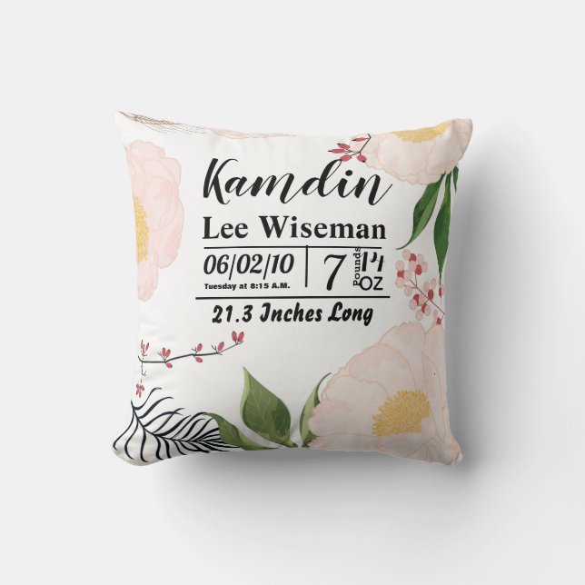 Personalised Birth Pillow White Floral Flowers on (Front)