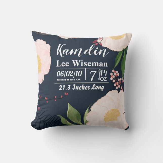 Personalised Birth Pillow White Floral Flowers on (Front)