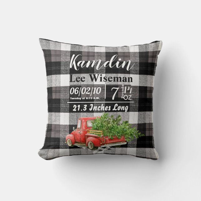 Personalised Birth Pillow XMAS Truck Baffalo Plaid (Front)