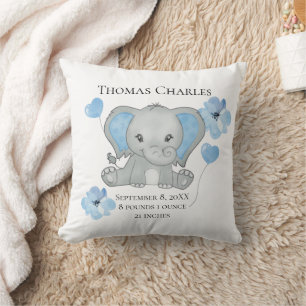 Personalised Birth Stats Baby Elephant Blue Grey Cushion