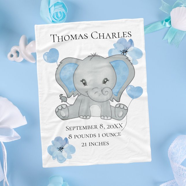 Personalised Birth Stats Baby Elephant Blue Grey  Fleece Blanket (Blue Gray Elephant Baby Boy Birth Stats Baby Blanket, Baby Shower gift Gift for new baby boy)
