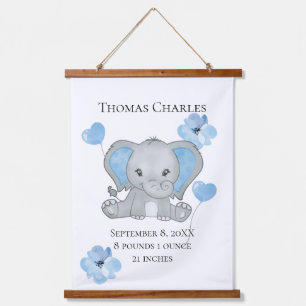Personalised Birth Stats Baby Elephant Blue Grey   Hanging Tapestry