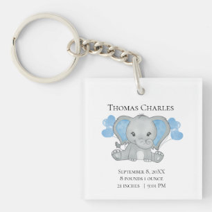 Personalised Birth Stats Baby Elephant Blue Grey  Key Ring