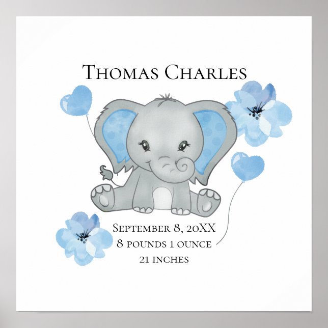 Personalised Birth Stats Baby Elephant Blue Grey Poster (Front)