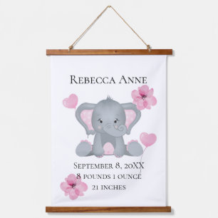 Personalised Birth Stats Baby Elephant Pink Grey  Hanging Tapestry