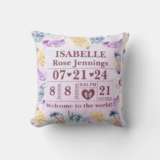 Personalised Birth Stats Boho Feathers Cushion