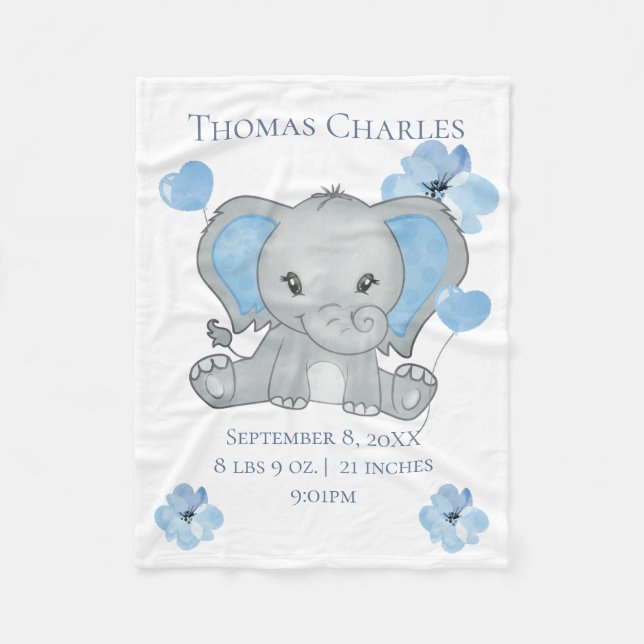 Personalised Birth Stats Elephant Blue Grey Baby Fleece Blanket (Front)