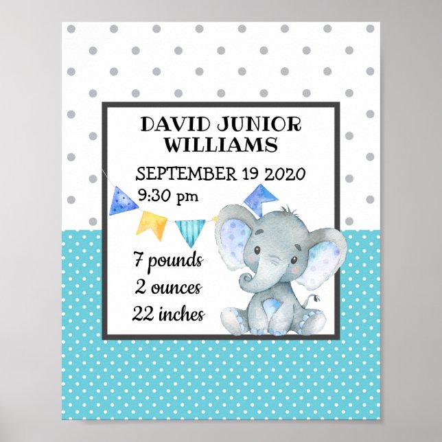 Personalised Birth Stats Milestone Baby Boy Poster (Front)