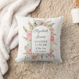  Personalised Birth Stats Pink Floral Boho Baby Cushion