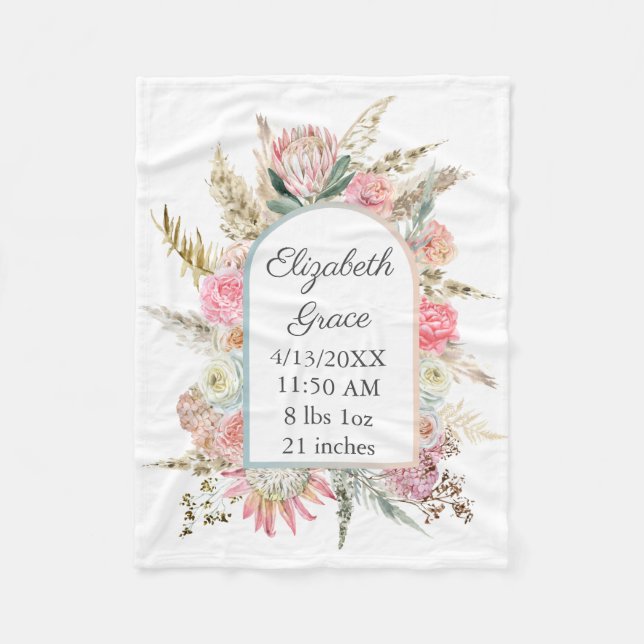  Personalised Birth Stats Pink Floral Boho Baby  Fleece Blanket (Front)